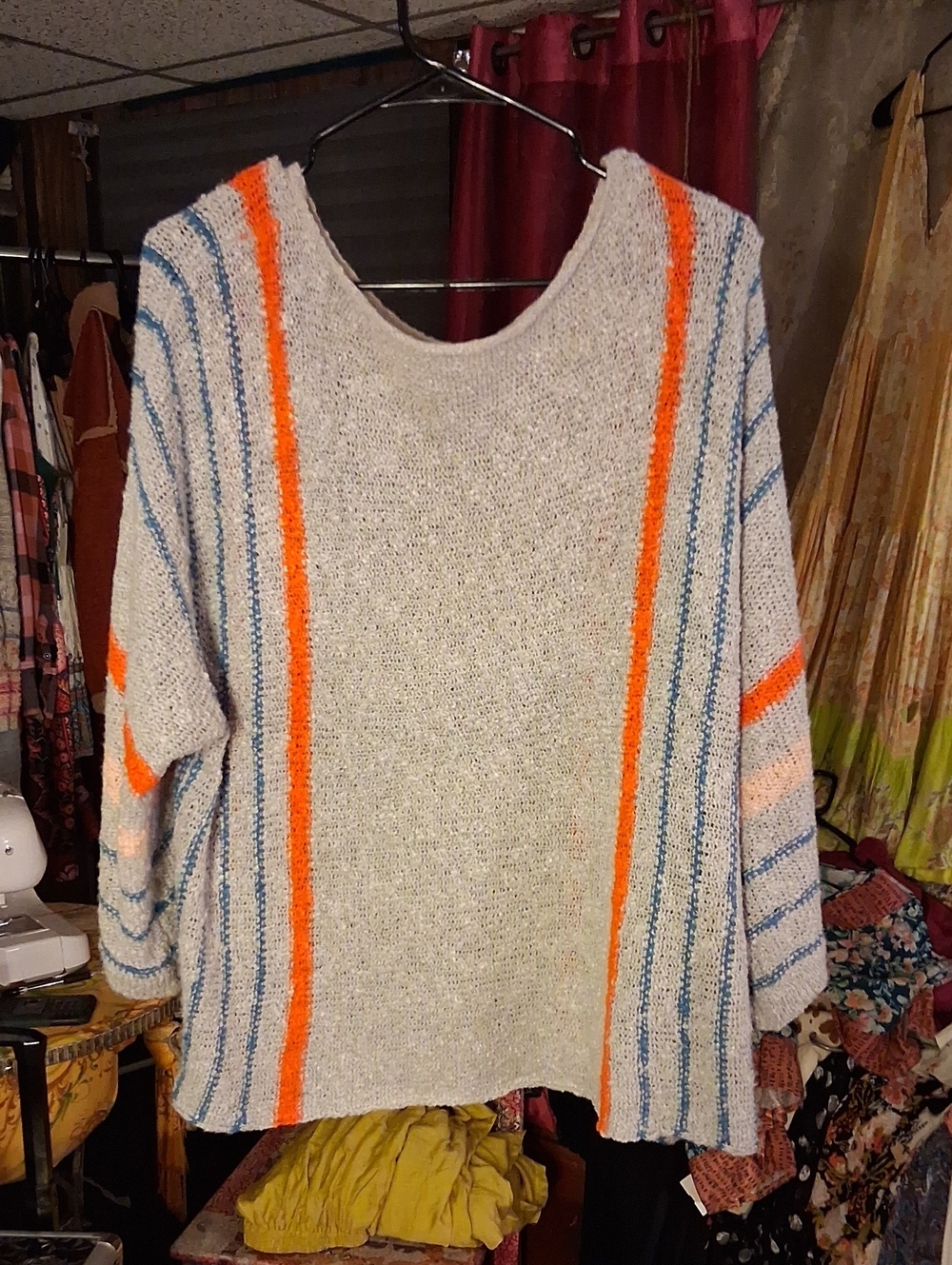 Women's Light Gray Scoop Neck Sweater with Orange & Blue Stripes